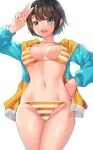  1girl :d absurdres bangs bikini black_hair blue_eyes blush breasts clyde_s cowboy_shot groin hand_on_hip hand_up highres hololive jacket looking_at_viewer medium_breasts multicolored_clothes multicolored_jacket navel oozora_subaru open_mouth short_hair simple_background smile solo stomach striped striped_bikini swimsuit teeth thigh_gap thighs two-tone_jacket upper_teeth v white_background 