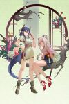  2girls alternate_costume animal_ears arknights bird blue_hair blue_skirt branch breasts ch&#039;en_(arknights) china_dress chinese_clothes dragon_girl dragon_horns dragon_tail dress flower full_body green_footwear hair_ornament hand_fan hanfu high_heels highres holding holding_fan horns lin_yuhsia_(arknights) long_hair looking_at_viewer mouse_ears mouse_girl mouse_tail multiple_girls pink_eyes pink_shirt plant pleated_skirt potted_plant red_eyes red_flower shirt short_sleeves sitting skirt standing tail twintails white_dress white_hair zhaitengjingcang 