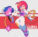  1girl ;d ahoge bacun bangs blue_eyes breasts character_name eyebrows_visible_through_hair full_body gloves highres looking_at_viewer one_eye_closed open_mouth pants pastel_(twinbee) pink_hair redhead robot shoes short_hair short_sleeves smile twinbee white_gloves 