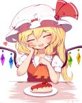  1girl ascot bangs blonde_hair blush breasts closed_eyes collared_shirt commentary_request crystal dress eyebrows_visible_through_hair eyelashes fang flandre_scarlet food frills hair_between_eyes hand_on_own_face hands_up happy hat hat_ribbon heart highres jewelry medium_breasts mob_cap multicolored_wings one_side_up open_mouth orange_ascot plate pudding puffy_short_sleeves puffy_sleeves red_dress red_ribbon ribbon shirt short_hair short_sleeves simple_background sitting smile snozaki solo spoon table tongue touhou white_background white_headwear white_shirt wings 