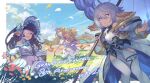  3girls ^_^ animal_ears anniversary arm_up bangs basket black_hair blonde_hair blunt_bangs bonnet cape closed_eyes closed_mouth clouds company_name copyright day dress eyepatch field granblue_fantasy grass harvin holding holding_umbrella long_hair long_sleeves looking_at_viewer lunalu_(granblue_fantasy) mahira_(granblue_fantasy) medical_eyepatch multiple_girls off-shoulder_dress off_shoulder official_art open_mouth outdoors pelvic_curtain pointy_ears smile symbol-shaped_pupils thigh-highs twintails umbrella v-shaped_eyebrows wamdus_(granblue_fantasy) wavy_mouth white_dress white_legwear 
