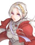  1girl alternate_costume alternate_hairstyle armor axe breastplate breasts cape edelgard_von_hresvelg fire_emblem fire_emblem:_three_houses fire_emblem_warriors:_three_hopes garreg_mach_monastery_uniform gloves hair_ornament hair_ribbon long_hair long_sleeves looking_at_viewer official_alternate_costume official_alternate_hairstyle open_mouth red_cape ribbon robaco simple_background solo violet_eyes white_hair 