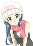  1girl beanie blue_eyes blue_hair closed_mouth hair_ornament hairclip hat hikari_(pokemon) long_hair looking_at_viewer ofukiimo pokemon pokemon_(game) pokemon_dppt scarf simple_background sleeveless solo white_background white_headwear 