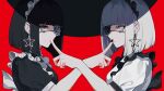  2girls bangs black_eyes black_hair black_nails commentary_request earrings eyepatch fingernails frills highres identity_(vocaloid) jewelry lam_(ramdayo) multiple_girls nail_polish official_art original pointing_at_another red_background short_hair vocaloid white_eyes white_hair white_nails 