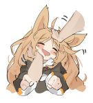  1girl :d ahoge animal_ears arknights black_coat blush blush_stickers brown_hair ceobe_(arknights) clenched_hands closed_eyes coat disembodied_limb dog_ears eyebrows_visible_through_hair fang happy headpat long_hair mikozin motion_lines open_mouth petting simple_background sketch skin_fang smile solo_focus upper_body white_background 