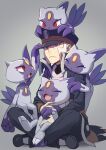  1boy :&lt; beard black_coat black_pants closed_mouth coat commentary_request facial_hair frown full_body goatee grey_background grey_eyes hat highres hisuian_sneasel indian_style ingo_(pokemon) looking_at_another male_focus minamo25 on_person pants peaked_cap pokemon pokemon_(creature) pokemon_(game) pokemon_legends:_arceus red_eyes sideburns simple_background sitting white_hair 
