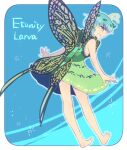  1girl antennae aqua_hair barefoot border butterfly_wings character_name dress eternity_larva eyebrows_visible_through_hair fairy green_dress kuzuhana leaf leaf_on_head multicolored_clothes multicolored_dress open_mouth short_hair short_sleeves smile solo touhou white_border wings yellow_eyes 