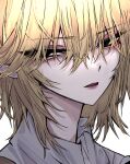  1girl 33_gaff alternate_eye_color bangs black_eyes blonde_hair brown_shirt commentary_request eyebrows_visible_through_hair eyes_visible_through_hair grey_shirt hair_between_eyes light looking_to_the_side mizuhashi_parsee open_mouth pointy_ears shirt short_hair short_sleeves simple_background solo teeth touhou upper_body white_background 