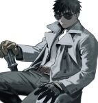  1boy alchemy_stars belt black_gloves black_hair brown_gloves closed_mouth coat commentary_request glasses gloves jacket long_sleeves looking_at_viewer necktie pants pittman_(alchemy_stars) shishio short_hair solo spiky_hair sunglasses white_necktie 