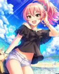  1girl beach bracelet idolmaster idolmaster_cinderella_girls jewelry jougasaki_mika nail_polish navel necklace official_art pink_hair ponytail sand shirt short_shorts shorts source_request strapless strapless_shirt yellow_eyes 