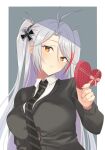  1girl alternate_costume azur_lane black_cardigan black_necktie box breasts cardigan collared_shirt cross gift gift_box grey_background grey_hair highres holding holding_box iron_cross large_breasts long_hair looking_at_viewer multicolored_hair necktie orange_eyes prinz_eugen_(azur_lane) redhead shirt simple_background solo streaked_hair two-tone_background two-tone_hair upper_body very_long_hair white_background white_shirt xiaoxiao_de_kuangsan 