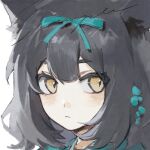  1girl animal_ears aqua_bow bangs black_hair blunt_bangs bow cat_ears commentary_request expressionless hair_bow hair_ornament looking_to_the_side medium_hair original orniflop portrait sample_watermark simple_background slit_pupils solo watermark white_background yellow_eyes 