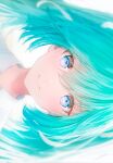  1girl aqua_hair bangs blue_eyes close-up eyebrows_visible_through_hair face hair_between_eyes hatsune_miku highres long_hair looking_at_viewer ojay_tkym shirt sideways simple_background smile solo twintails vocaloid white_background white_shirt 