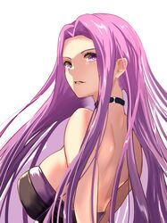  1girl absurdres back bangs bare_shoulders black_dress breasts choker dress fate/stay_night fate_(series) forehead highres large_breasts long_hair looking_at_viewer looking_back medusa_(fate) medusa_(rider)_(fate) parted_bangs purple_hair sidelocks takehana_note very_long_hair violet_eyes 