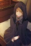  1girl black_cloak black_dress blonde_hair brooch cloak closed_mouth commentary dress elden_ring expressionless fia_the_deathbed_companion green_eyes half-closed_eyes highres hood hood_up hooded_cloak indoors jewelry katsuobushi_(eba_games) looking_at_viewer on_bed short_hair sitting solo 