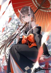  1girl asu_(sinsekai) bare_shoulders black_kimono black_shirt blue_eyes blurry blurry_background brown_hair closed_mouth commentary_request copyright_name fang highres holding holding_umbrella horns japanese_clothes kimono light_smile long_hair long_sleeves looking_at_viewer miwano_rag obi off_shoulder oil-paper_umbrella oni_horns red_umbrella sash shinsekai_keikaku_sinsekai_city_project shirt sitting skin_fang sleeveless sleeveless_shirt solo umbrella 