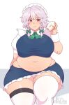 1girl artist_name belka_dog bow braid doughnut eyebrows_visible_through_hair feet_out_of_frame food holding holding_food izayoi_sakuya looking_at_viewer maid_headdress midriff navel plump red_eyes shadow short_sleeves smile solo straight-on thick_thighs thigh-highs thighs touhou twin_braids white_legwear wing_collar wrist_cuffs zettai_ryouiki 