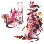 4girls armor bangs bikini_armor blue_eyes breasts cape clone curled_horns detached_sleeves dragon_girl dragon_horns dragon_tail dress e_(h798602056) elizabeth_bathory_(brave)_(fate) elizabeth_bathory_(fate) elizabeth_bathory_(fate)_(all) elizabeth_bathory_(fate/extra_ccc) elizabeth_bathory_(halloween_caster)_(fate) eyebrows_visible_through_hair fate/grand_order fate_(series) halloween halloween_costume hat highres horns idol long_hair multiple_girls multiple_persona pauldrons pink_hair pointy_ears ribbon shoulder_armor silver_trim small_breasts smile striped striped_dress tail thigh-highs two_side_up vertical_stripes white_cape witch_hat