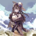  1girl animal_ear_fluff animal_ears arknights bare_shoulders black_choker blue_sky brown_hair brown_jacket choker closed_mouth clouds collarbone cowboy_shot day freckles fur-trimmed_jacket fur_trim glint hat highres holding holding_knife holding_weapon jacket knife long_hair long_sleeves looking_at_viewer mianshuang off_shoulder official_alternate_costume open_clothes open_jacket orange_eyes outdoors ponytail raccoon_ears raccoon_girl raccoon_tail robin_(arknights) robin_(gift_of_wild)_(arknights) shirt skirt sky solo sun_hat tail weapon white_headwear white_shirt yellow_skirt 