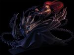  1girl arm_tattoo bangs black_background black_dress chain collaboration dress from_side instrument league_of_legends long_hair looking_at_viewer neck_tattoo official_alternate_costume pentakill_(league_of_legends) pentakill_sona redhead shoulder_tattoo simple_background solo sona_(league_of_legends) spikes tattoo vegacolors weapon 