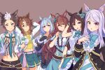  5girls ahoge animal_ears blush breasts brown_hair commentary_request gloves hair_ornament horse_ears horse_girl large_breasts long_hair looking_at_viewer mejiro_ardan_(umamusume) mejiro_bright_(umamusume) mejiro_dober_(umamusume) mejiro_mcqueen_(umamusume) mejiro_palmer_(umamusume) multiple_girls navel open_mouth sh28976778 short_hair shorts simple_background smile umamusume 