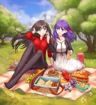  2girls :d :o ahoge apple apple_slice banana black_hair blue_eyes blue_sky book breasts building clouds commission cup dress drinking_glass fate/stay_night fate_(series) feeding floating_hair food fruit fruit_cup grapes grass hair_ribbon highres holding holding_food legs long_hair long_legs looking_at_another matou_sakura multiple_girls no_shoes open_mouth orange_(fruit) outdoors pantyhose picnic_basket purple_hair red_shirt ribbon sandwich shirt side_ponytail signature siya_ho sky smile toes tohsaka_rin tomato tree violet_eyes white_dress 