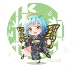  1girl antennae aqua_hair black_kimono butterfly_wings eternity_larva fairy full_body geta highres japanese_clothes kimono lbcirno9 leaf leaf_on_head long_sleeves obi open_mouth orange_eyes outstretched_arms sash short_hair smile solo spread_arms standing standing_on_one_leg touhou twitter_username wide_sleeves wings 