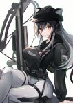  1girl absurdres animal_ears arknights belt black_hair black_sleeves breasts cat_ears cat_girl closed_mouth commentary cowboy_shot crossbow crossed_legs ears_through_headwear expressionless eyebrows_visible_through_hair eyes_visible_through_hair grey_hair hair_between_eyes hair_over_shoulder headset highres leggings long_bangs long_hair long_sleeves looking_at_viewer pouch schwarz_(arknights) simple_background sitting solo sore_watasino thick_thighs thigh_strap thighs white_background white_legwear yellow_eyes 