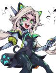  1girl :d animal_ears bangs bare_shoulders battle_cat_jinx black_bodysuit blonde_hair bodysuit breasts cat_ears detached_sleeves facial_mark fake_animal_ears feet_out_of_frame green_eyes grey_background gun holding holding_gun holding_weapon jinx_(league_of_legends) league_of_legends long_hair official_alternate_costume phantom_ix_row shiny shiny_hair simple_background small_breasts smile solo twintails weapon 