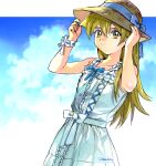  1girl 203wolves bangs blonde_hair blue_bow blue_ribbon bow closed_mouth collarbone dress hair_between_eyes hat hat_bow hat_ribbon long_hair ribbon shiny shiny_hair signature sleeveless sleeveless_dress smile solo straight_hair straw_hat sun_hat sundress tenjouin_asuka white_dress yellow_eyes younger yu-gi-oh! yu-gi-oh!_gx 