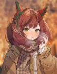  1girl :o animal_ears bangs blurry blurry_background blush brown_coat brown_eyes coat ear_covers ear_ribbon eyebrows_visible_through_hair highres holding holding_hair horse_ears horse_girl inu_(puputizy) long_sleeves looking_at_viewer medium_hair multicolored_hair nice_nature_(umamusume) open_mouth outdoors plaid plaid_scarf puffy_sleeves redhead scarf solo steam streaked_hair sweater twintails umamusume upper_body white_sweater 
