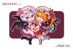  2girls artist_name bat_wings black_legwear blonde_hair blush_stickers bow crystal dated dress flandre_scarlet frills hat heart heart_hands heart_hands_duo king_liu light_purple_hair mob_cap multiple_girls one_side_up open_mouth pink_dress pink_eyes pixel_art puffy_short_sleeves puffy_sleeves red_bow red_skirt red_vest remilia_scarlet shirt short_hair short_sleeves siblings sisters skirt skirt_set thigh-highs touhou vest white_legwear white_shirt wings 