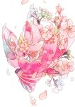  animal_focus floral_print flower highres looking_down lurantis no_humans oharu-chan painting_(medium) pink_flower pokemon pokemon_(creature) solo traditional_media violet_eyes watercolor_(medium) white_background white_flower 