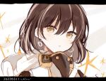  1girl :o arknights blush brown_hair coat dated earrings eyebrows_visible_through_hair hair_between_eyes hoop_earrings jewelry letterboxed magallan_(arknights) mask mask_around_neck nstlgie parted_lips portrait short_hair solo white_background white_coat yellow_eyes 