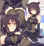  1girl alice_gear_aegis animal_ear_fluff animal_ears arm_support bangs black_dress black_gloves black_hair black_legwear black_panties blush breasts breasts_apart brown_eyes cat_ears cat_girl closed_mouth clothes_lift dress dress_lift elbow_gloves eyebrows_visible_through_hair fuji_kakei gloves hair_between_eyes lifted_by_self long_hair medium_breasts niiya_serina open_mouth panties short_dress sleeveless sleeveless_dress smile thigh-highs twitter_username underwear 