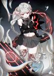  1girl abyssal_ship bangs black_gloves braid breasts closed_mouth colored_skin detached_sleeves fingerless_gloves gloves grey_skirt horns kantai_collection long_hair mochitsu_jou pale_skin red_eyes ribbon simple_background skirt solo tentacles thigh-highs twitter_username very_long_hair white_hair white_ribbon white_skin yokohama_wharf_princess 