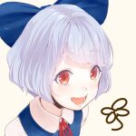  1girl :d bangs blue_bow blue_hair bow cirno collared_shirt commentary_request erio_patrol eyebrows_visible_through_hair fang hair_bow lowres neck_ribbon open_mouth portrait red_eyes red_ribbon ribbon shirt short_hair simple_background smile solo touhou white_background white_shirt wing_collar 