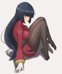  1girl absurdres ass bangs black_hair black_legwear blunt_bangs breasts commentary feet full_body gloves highres knees_together_feet_apart knees_up large_breasts long_sleeves no_shoes pantyhose pokemon pokemon_(game) pokemon_frlg red_eyes red_skirt sabrina_(pokemon) simple_background sitting skirt solo thighs toes vanishingknife white_background white_gloves wide_sleeves 
