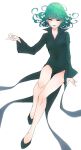  1girl :d bangs bare_legs black_dress black_footwear covered_navel dress floating_hair full_body green_eyes green_hair highres long_hair long_sleeves looking_at_viewer one-punch_man open_mouth pumps simple_background smile solo tatsumaki unnmr2 white_background 