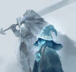  1girl absurdres armor blaidd_the_half-wolf blue_eyes blue_skin cape colored_skin crack cracked_skin dress droplixle elden_ring extra_arms extra_faces fog fur_coat hat highres long_hair looking_at_viewer plate_armor ranni_the_witch sword wavy_hair weapon witch_hat wolf_boy 