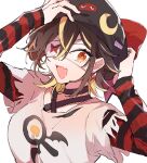  1girl 3di_project black_hair blonde_hair breasts celene_(3di) earrings eyepatch fang hat highres jewelry labjusticaholic long_sleeves medium_breasts medium_hair multicolored_hair open_mouth solo torn_clothes two-tone_hair upper_body virtual_youtuber white_background yellow_eyes 