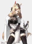  1girl absurdres animal_ear_fluff animal_ears arknights artist_name bangs black_legwear black_shorts blonde_hair blue_eyes breasts cloak closed_mouth eyebrows_visible_through_hair feet_out_of_frame highres horse_ears large_breasts licking_lips long_hair long_sleeves looking_at_viewer pikazimi shorts simple_background smile solo standing thigh-highs tongue tongue_out whislash_(arknights) white_cloak white_headwear 