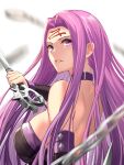  1girl absurdres back bangs bare_shoulders black_dress breasts chain collar detached_sleeves dress facial_mark fate/stay_night fate_(series) forehead forehead_mark highres large_breasts long_hair looking_at_viewer looking_back medusa_(fate) medusa_(rider)_(fate) nameless_dagger_(fate) parted_bangs purple_hair sidelocks takehana_note very_long_hair violet_eyes 