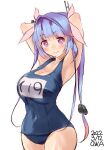  1girl armpits arms_behind_head artist_name blue_hair breasts cowboy_shot dated eyebrows_visible_through_hair flower-shaped_pupils hair_between_eyes hair_ribbon highres i-19_(kancolle) kantai_collection large_breasts long_hair looking_at_viewer name_tag neckerchief one-piece_swimsuit owa_(ishtail) red_eyes ribbon school_swimsuit simple_background smile solo swimsuit symbol-shaped_pupils tri_tails white_background 