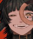  1other belt_collar black_hair close-up collar commentary diamond-shaped_pupils diamond_(shape) eyebrows_behind_hair face grin looking_at_viewer miichan nose red_background simple_background smile solo symbol-shaped_pupils teeth yellow_eyes 