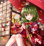  1girl ;d aki_minoriko aki_shizuha bangs bow commentary_request eyebrows_visible_through_hair frilled_bow frills front_ponytail green_eyes green_hair hair_between_eyes hair_bow highres holding holding_umbrella inubashiri_momiji japanese_clothes kagiyama_hina kawashiro_nitori kimono knees_together_feet_apart knees_up kochiya_sanae long_hair long_sleeves moriya_suwako mountain_of_faith off_shoulder oil-paper_umbrella one_eye_closed red_bow red_kimono red_umbrella ruu_(tksymkw) smile solo touhou umbrella wide_sleeves yasaka_kanako 