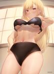  1girl armpits artist_name bangs black_bra blonde_hair blush bra breasts closed_mouth ear_piercing english_commentary eyebrows_visible_through_hair from_below highres kimoshi kitagawa_marin large_breasts long_hair looking_at_viewer mixed-language_commentary navel piercing red_eyes solo sono_bisque_doll_wa_koi_wo_suru thighs underwear 