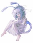  1girl antennae barefoot buttons commentary_request expressionless full_body highres hood hood_up long_hair looking_at_viewer original orniflop raincoat see-through simple_background solo tail violet_eyes watermark white_background white_hair 
