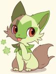  animal_focus brown_eyes commentary_request fangs fangs_out full_body green_fur highres inukami_hikari leaf_print no_humans pokemon pokemon_(creature) solo sprigatito tongue tongue_out 
