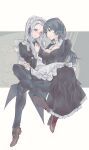  2girls @_@ absurdres alternate_costume apron breasts butler byleth_(fire_emblem) byleth_eisner_(female) cleavage_cutout clothing_cutout edelgard_von_hresvelg embarrassed fire_emblem fire_emblem:_three_houses formal highres maid maid_apron maid_headdress multiple_girls open_mouth silver_hair sitting sitting_on_lap sitting_on_person smile suit user_cwwh3722 